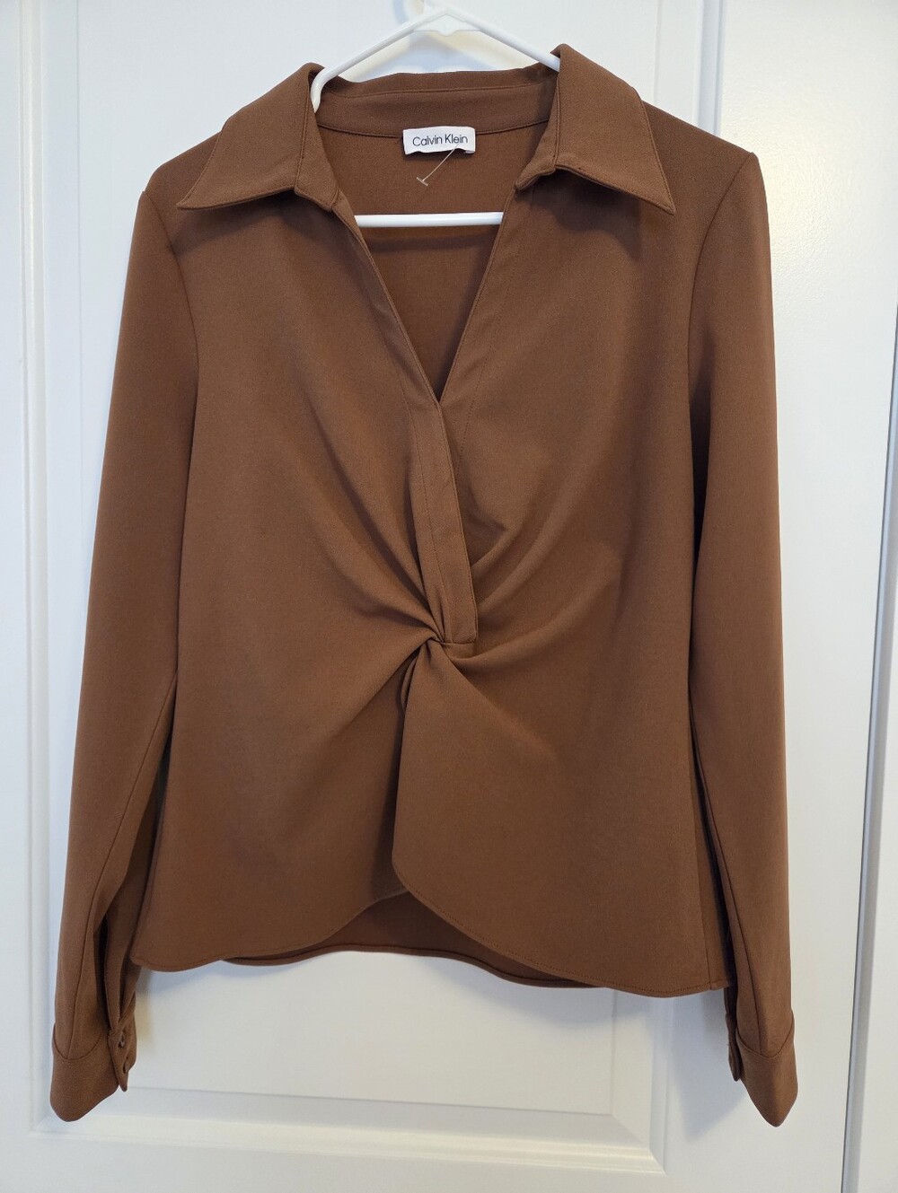 WOMENS Calvin Klein Brown Twist-Front Long Sleeve Blouse- Size MEDIUM